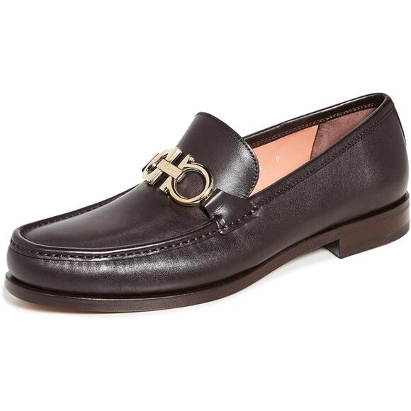 Salvatore Ferragamo Gancini Gold Buckle Slip On Leather Loafers Brown Men's 12 E - Picture 1 of 8
